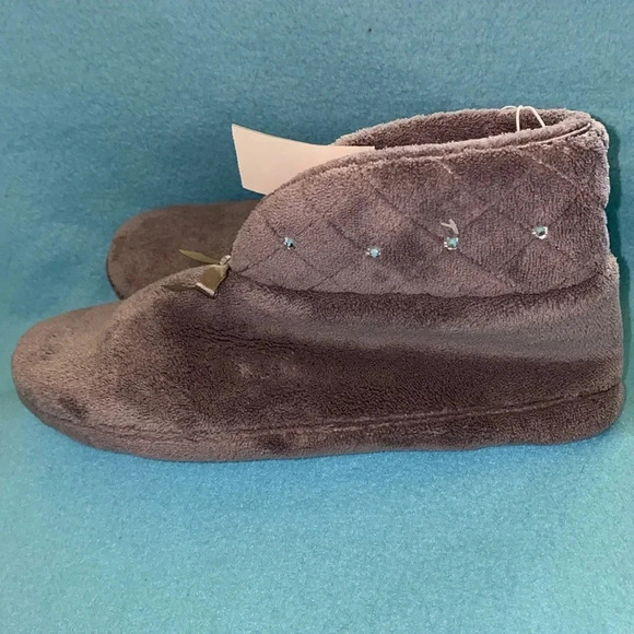 PINK K Claudia fleece slipper booties gray bows rhinestones NEW size 11-12 XL - Picture 1 of 10